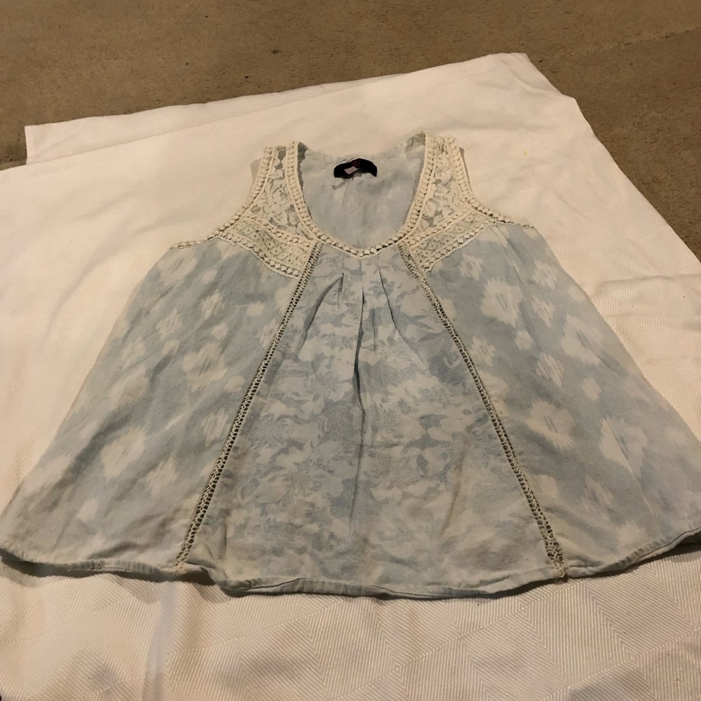 Light Blue Crochet Yoke Sleeveless denim Blouse